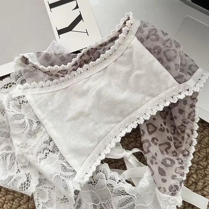 Culottes pour femmes taille basse sexy en pur coton avec dentelle, transparentes, ajourées, nœud papillon, imprimé léopard, respirantes