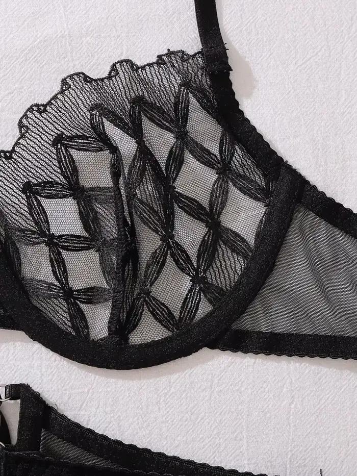 Belamimi Ensemble de soutien-gorge en dentelle sexy et luxueux pour femme, style géométrique, maille transparente, lingerie exotique sculptante, ensemble 3 pièces