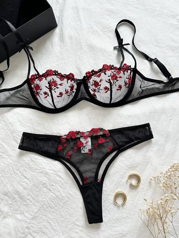 Ensemble de lingerie féminine sexy brodée florale pour femmes occasions spéciales nocturnes sous-vêtements tricotés polyester élasthanne