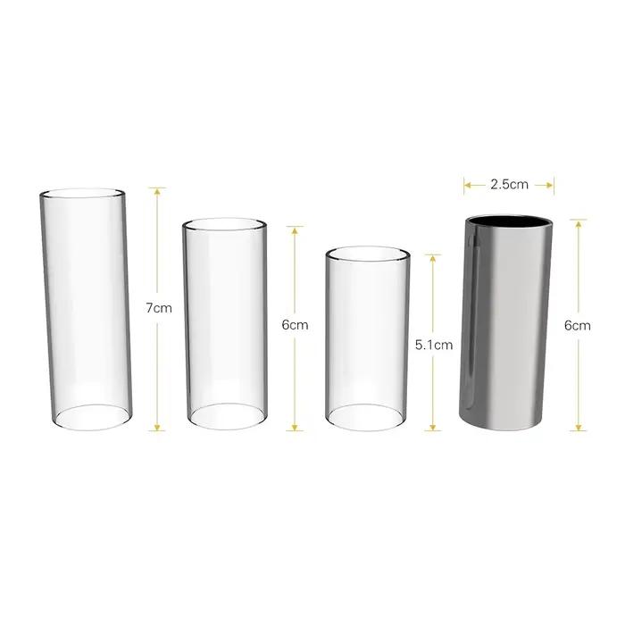 Le jeu de diapositives pour guitare comprend 3 diapositives en verre (5,1 cm/ 6 cm/ 7 cm) + 1 glissière en acier inoxydable (6 cm) + 4 pouces et doigts en celluloïd