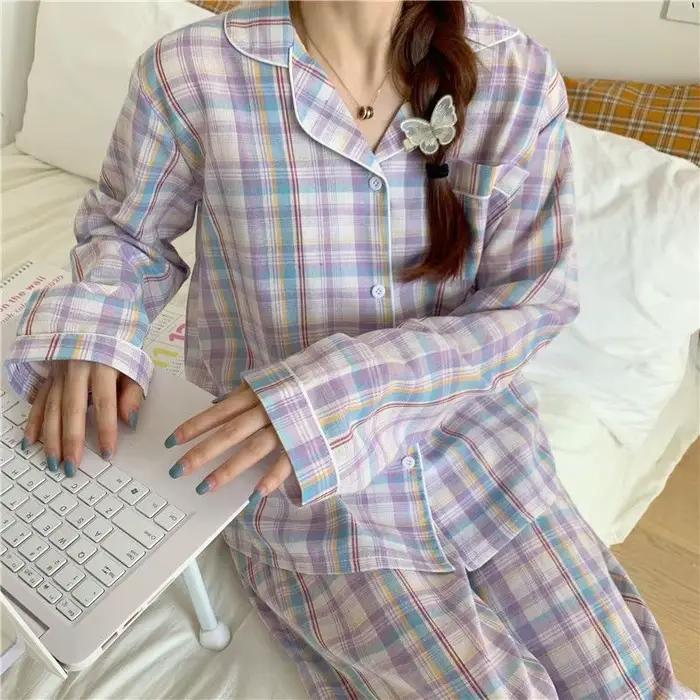 Pyjamas Femme Automne Hiver Douces Vêtements Nuit Homewear Deux Pièces Ensemble Femmes Plaid Décontracté Simples Vêtements Nuit