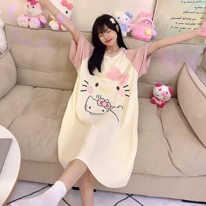 Nouvelle Robe de Nuit Hello Kitty Douce et Mignonne pour Femme, Version Coréenne, Col Rond, Coupe Ample, Tenue d'Intérieur Tendance