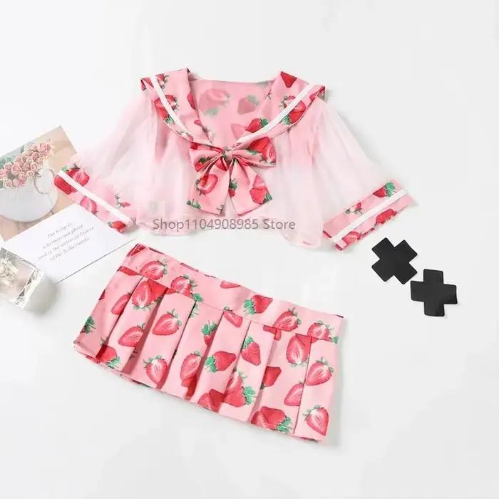 Ensemble de Lingerie Sexy Kawaii, robe de marin mignonne, Costume imprimé fraise Lolita, uniforme d'écolière, Lingerie japonaise Cosplay