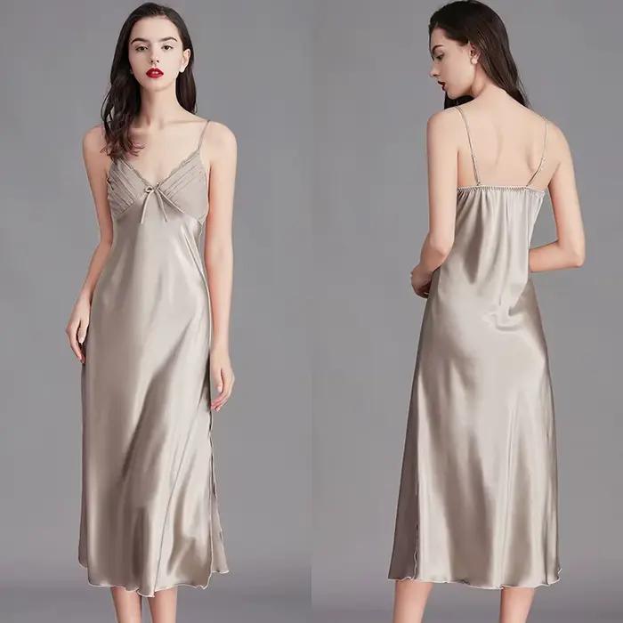 Chemises de nuit pour femmes longues sans manches robes de nuit Satin soie Chemise Lingerie robe Slip vêtements de nuit sexy Chemise de nuit pour dames