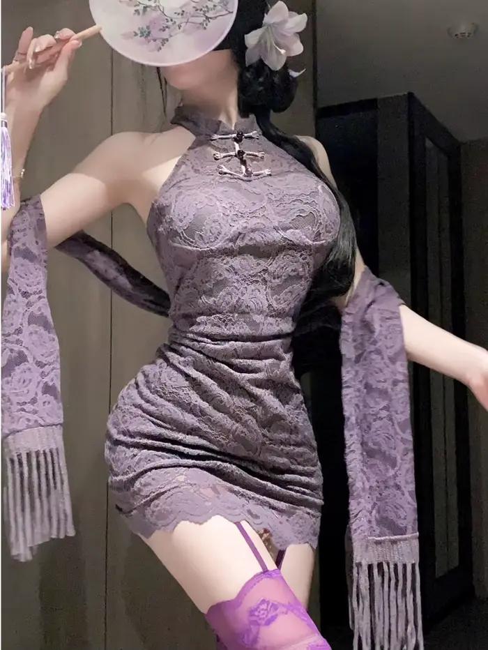Robe en dentelle à col montant pour fille épicée, Lingerie Sexy, nouveau Style chinois, Cheongsam, pur désir, violette, col suspendu, élégante, 2NE2