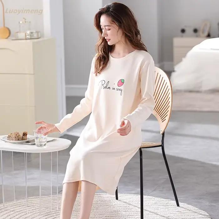 Mignon coréen filles chemises de nuit femmes à manches longues robe de nuit coton robe de nuit femme pyjamas vêtements de nuit femmes Homedress M-3XL