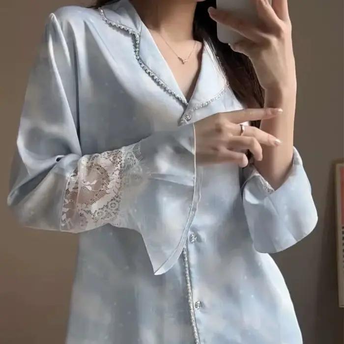 Pyjama à manches longues et pantalon en dentelle pour femme, vêtements de maison français, doux, confortable, à la mode, haute qualité, nouveau