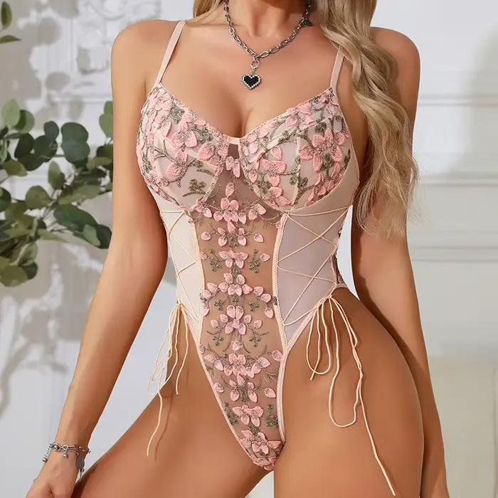 Body transparent moulant en dentelle brodée florale pour femme, lingerie sexy à lacets, sans manches, sous-vêtements érotiques