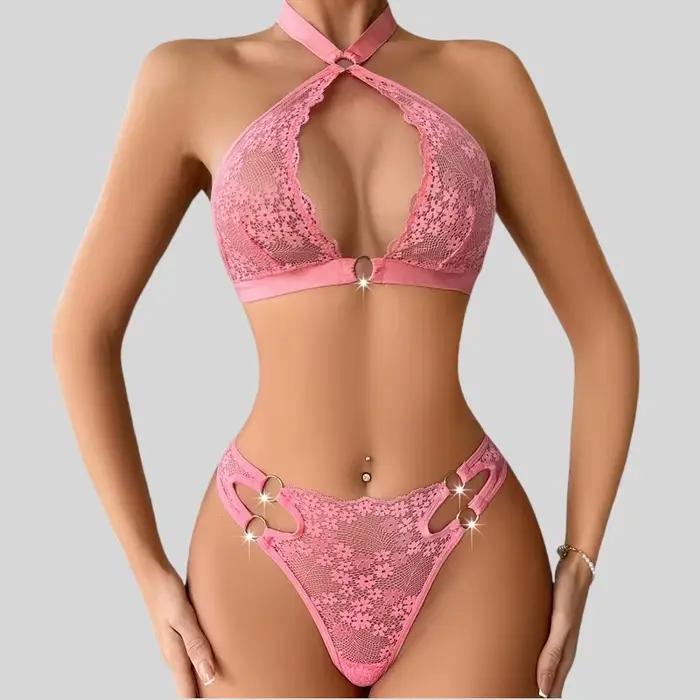 Toucheart-Ensemble de lingerie en dentelle florale pour femme, bonnet triangulaire, licou transparent, sous-vêtements sexy, ensemble de lingerie de luxe 7.0, 2 pièces