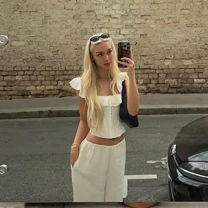 Top Corset Blanc Effet Os de Poisson pour Femme, à Volants, Col Carré, Dos Nu, à Lacets, Sans Manches, Coupe Moulante, Crop Top, pour Soirée, Été, Y2K