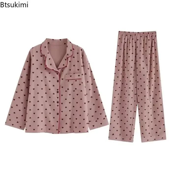 Pyjama doux grande taille pour femme, pantalon à manches longues, vêtements de maison, vêtements de nuit deux pièces, imprimé cœur de pêche, fouet senior, printemps, automne