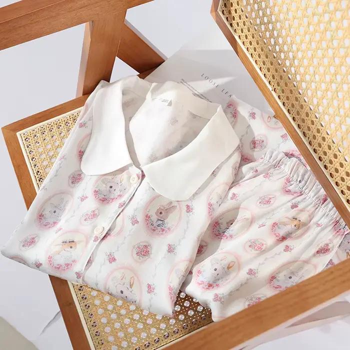 Pyjama en Satin pour femmes, pantalon à manches longues, mignon, frais, haut de gamme, col rabattu, Viscose, imprimé de dessin animé, vêtements de nuit