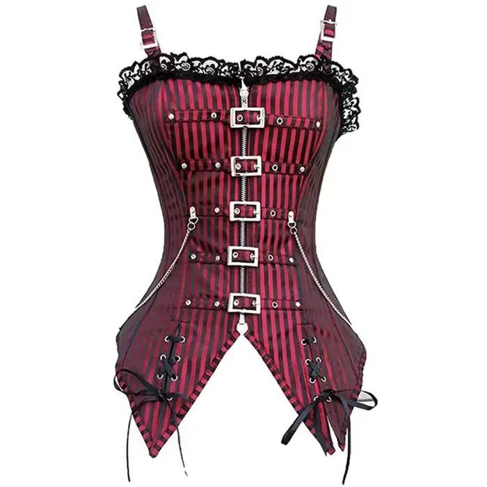 Femmes Sexy Corset bretelles Steampunk haut bustier rayure Vintage dentelle superposition Vintage Costume gothique Corselet