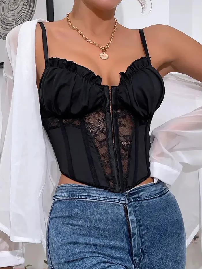 1 pièce de corset en tulle noir à volants en dentelle, nouveau style tendance et sexy, dos nu, coupe sirène, fines bretelles, maille ajourée