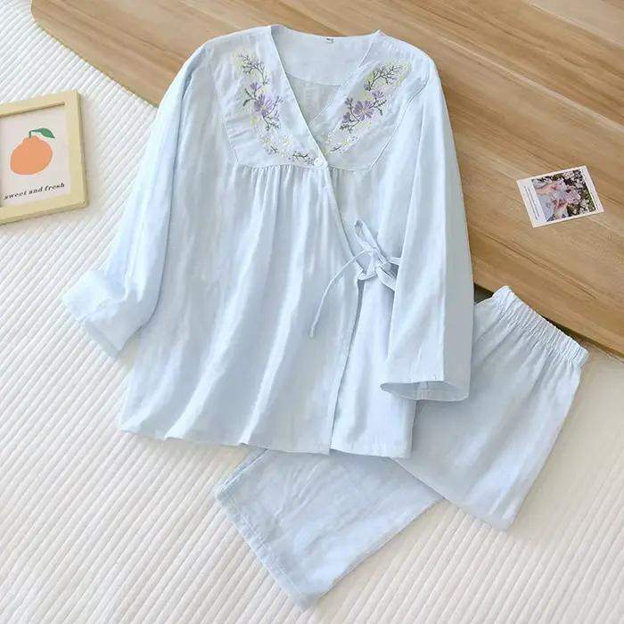 Pyjama en coton féminin col en V taille M L XL imprimé rose bleu pour femmes nuits chaudes printemps