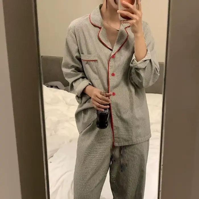 Pyjama grande taille pour femmes, manches longues, pantalon Long, costume deux pièces, vêtements de nuit rayés, vêtements de nuit pour filles, printemps et été