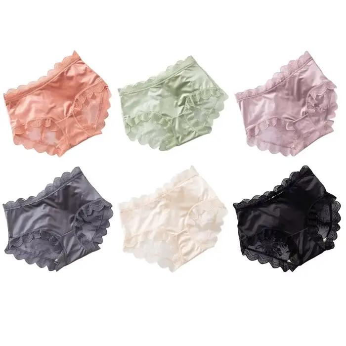 Lingerie féminine, culottes en dentelle florale, culottes en dentelle à volants, culottes en soie glacée, sous-vêtements transparents ondulés pour femmes, été