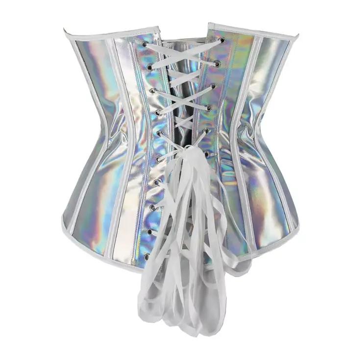 Steampunk Top Corset Argent PU Cuir À Lacets Surbuste Bustier pour Femmes Gothique Clubwear Sexy Taille Body Shapewear Corselet