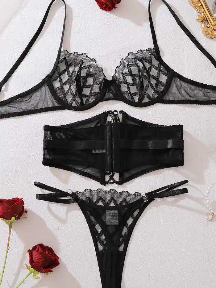 Belamimi Ensemble de soutien-gorge en dentelle sexy et luxueux pour femme, style géométrique, maille transparente, lingerie exotique sculptante, ensemble 3 pièces