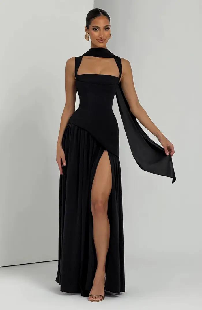 Robe longue élégante à corset et rubans pour femme, style nuisette fendue, pour soirée, demoiselle d'honneur, invitée de mariage, cocktail, vert olive, noir