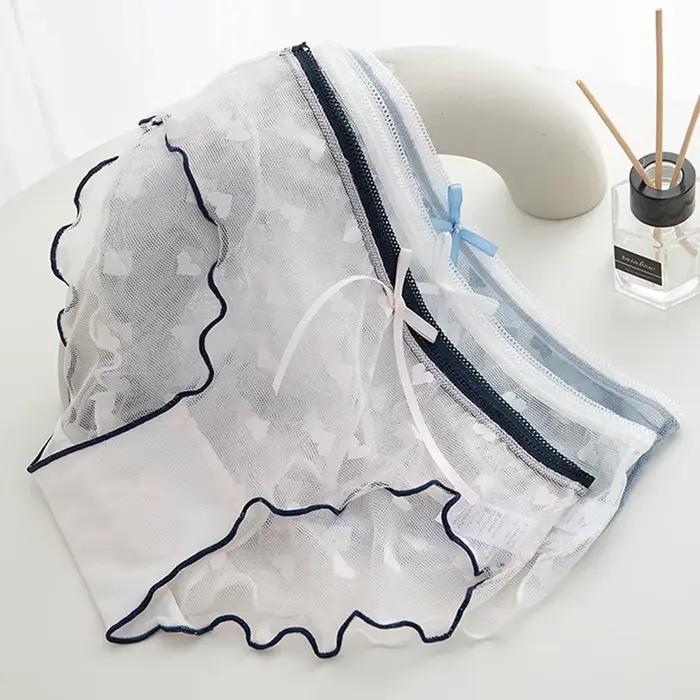 Culotte en dentelle transparente et Sexy pour femme, culotte taille basse, avec ruban, sous-vêtement féminin, L-XL
