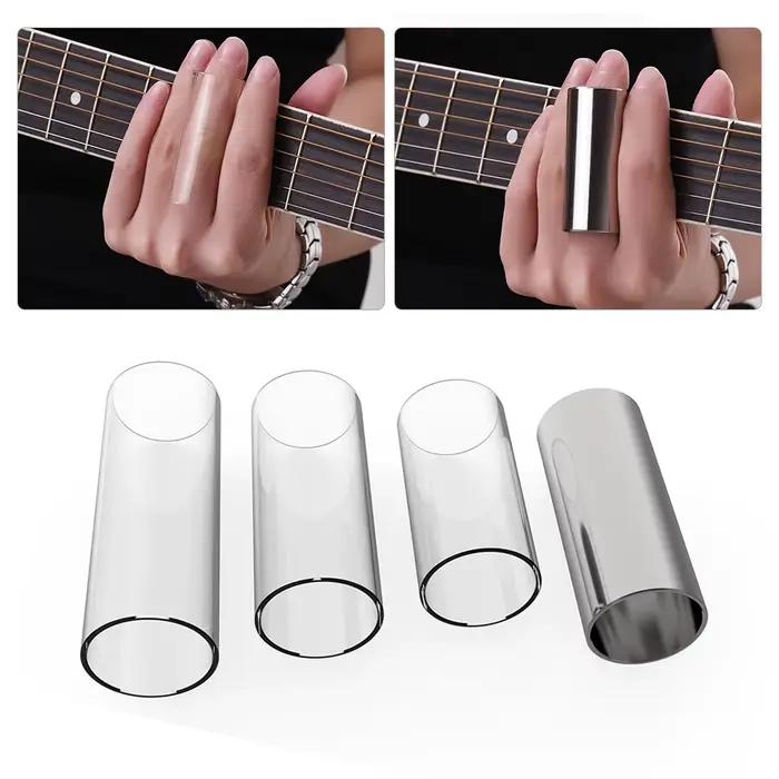 Le jeu de diapositives pour guitare comprend 3 diapositives en verre (5,1 cm/ 6 cm/ 7 cm) + 1 glissière en acier inoxydable (6 cm) + 4 pouces et doigts en celluloïd