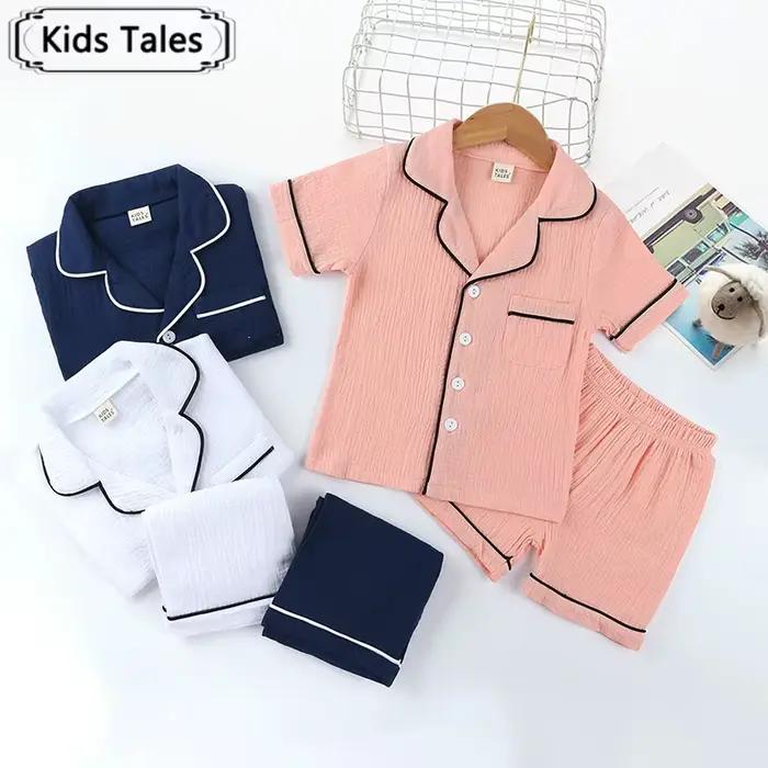 Ensemble pyjama en coton et lin pour enfant, vêtement de nuit doux, couleur pure, 3-8T, chemisier à manches courtes, short Y +
