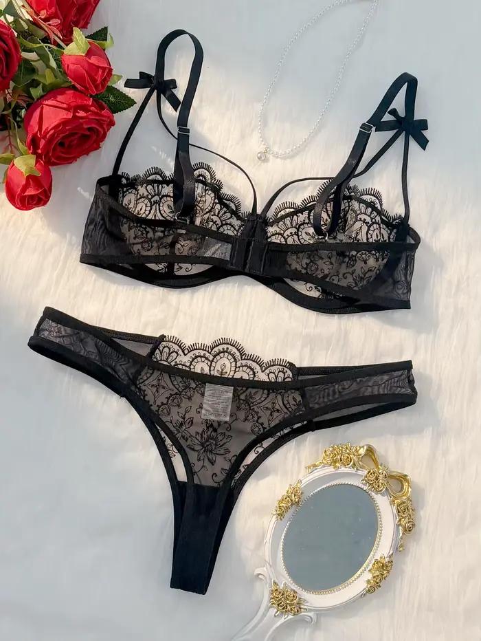 Ensemble de lingerie semi-transparente noir confortable et léger pour femmes, 2 pièces, ZA824057