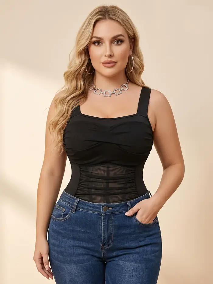 Body gainant grande taille à bretelles larges et empiècements en maille, avec soutien osseux intégré et entrejambe à boutons-pression pour un accès facile aux toilettes et un effet ventre plat