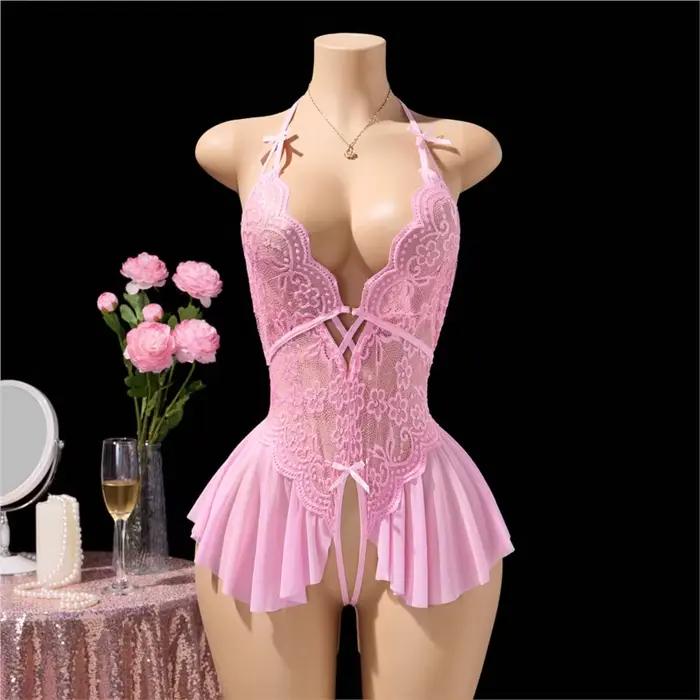 Lingerie Ultra Sexy audacieuse pour femmes, soutien-gorge à col en v, body rose, accessoires sans entrejambe, sous-vêtements sensuels, robe moulante romantique