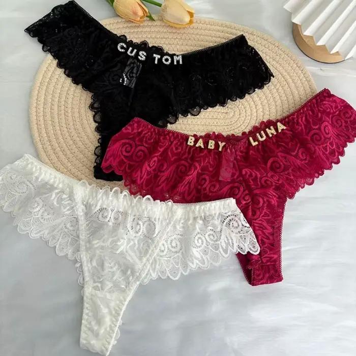 Lettres en cristal personnalisées nom caleçon culotte Sexy dentelle bikini culotte taille basse slips petite amie femme cadeaux d'anniversaire