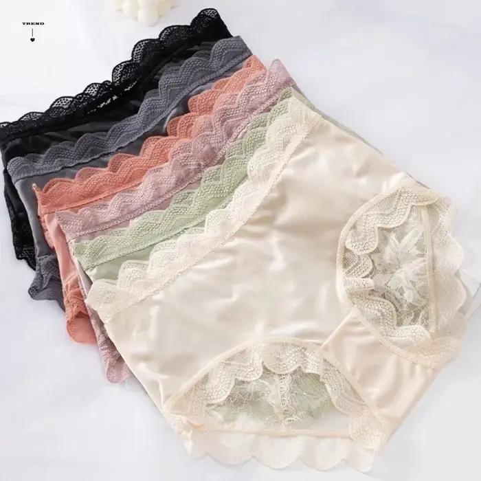 Culottes en dentelle florale transparente pour femmes, lingerie tendance, culottes en soie glacée à volants, sous-vêtements féminins ondulés à fleurs pour dames