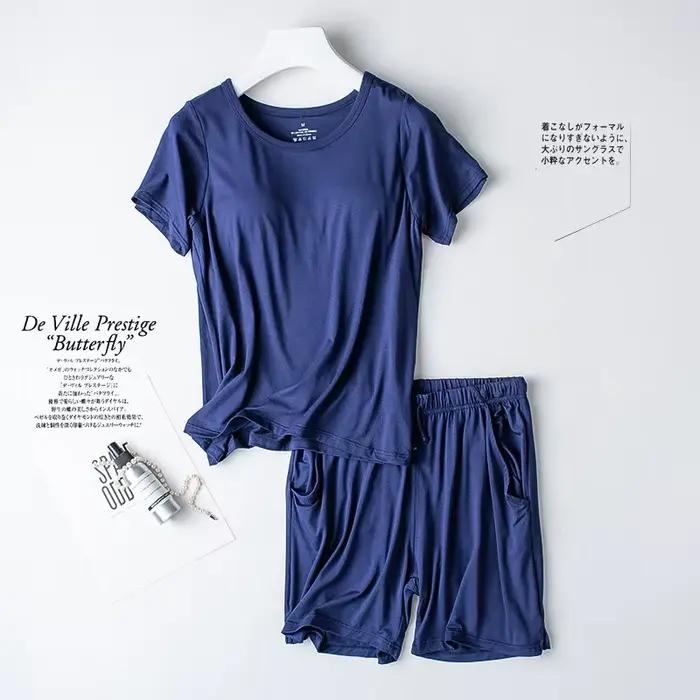 Ensemble de pyjama en coton modal pour femme, coussretours de poitrine, manches courtes, soutien-gorge grande taille, short adt, vêtements de nuit, nouveau