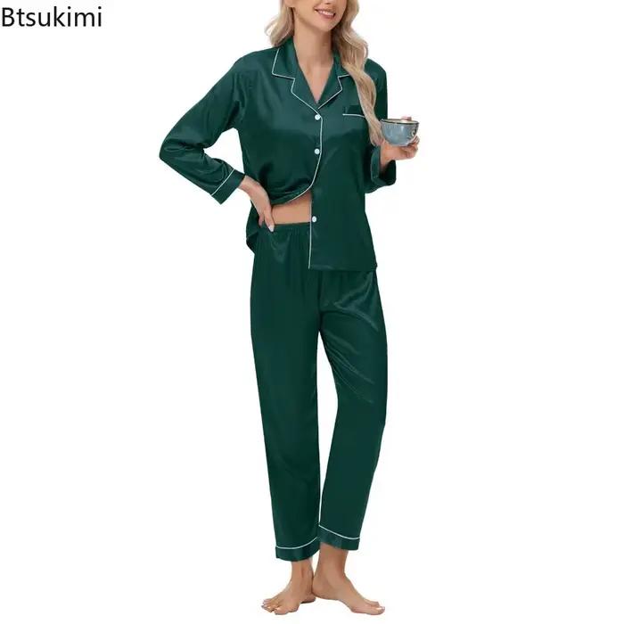 Ensemble de pyjamas pour femmes, texture satinée douce et unie, tombé soyeux, manches longues et pantalon, vêtements de maison pour dormir et se détendre