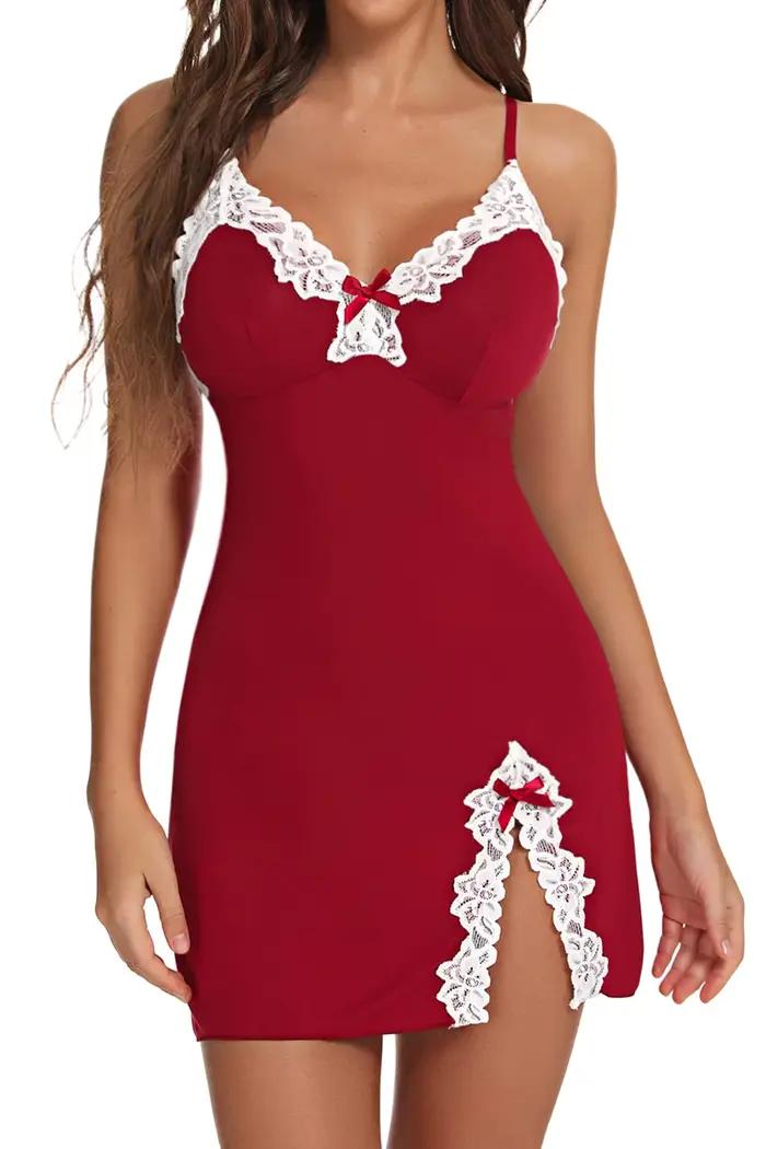 Vêtements de nuit sexy femmes dentelle soie Satin col en v chemise de nuit ourlet fendu doux Lingerie robe de nuit sans manches vêtements de nuit vêtements féminins