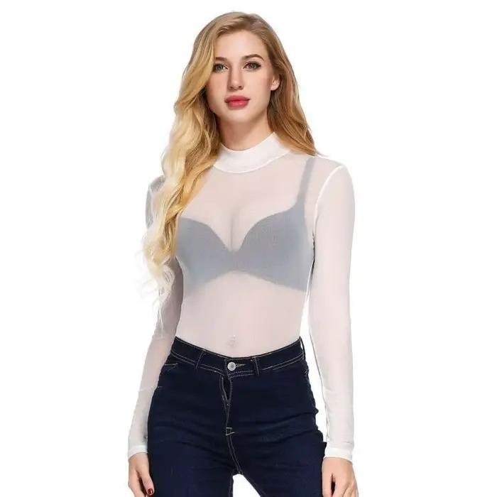 FREEAUCE NOUVEAU Body en maille transparente noire à manches longues pour femme, T-shirts, Lingerie sexy grande taille S-XXXL