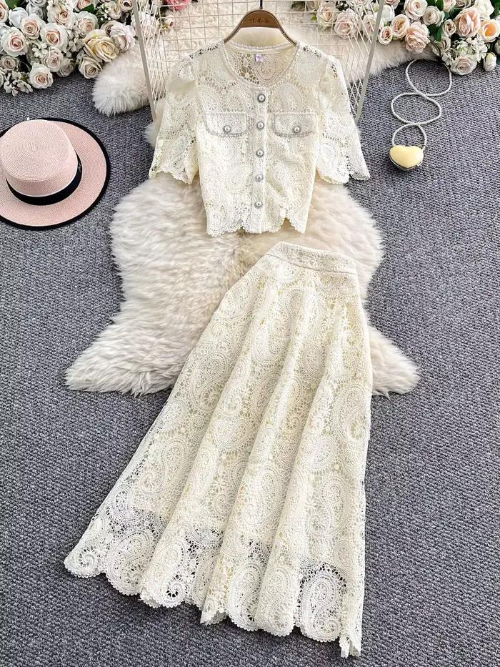Robe longue élégante en perles pour femmes, ensemble 2 pièces, chemise en dentelle brodée de fleurs, manches courtes, jupe mi-longue trapèze, été
