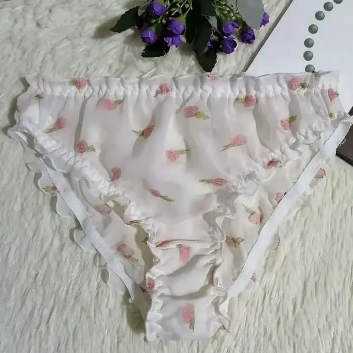 Lingerie Sexy Semi transparente en soie à volants, sous-vêtements en soie de mûrier pour Couple, Sissy, taille moyenne, imprimé, culotte douce et confortable