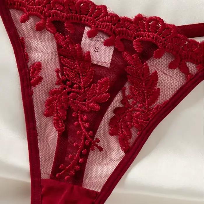 Chemise de nuit élégante et confortable pour femme, style campagnard, rouge bordeaux, broderie épis de blé, semi-transparente, avec nœud ZA825066