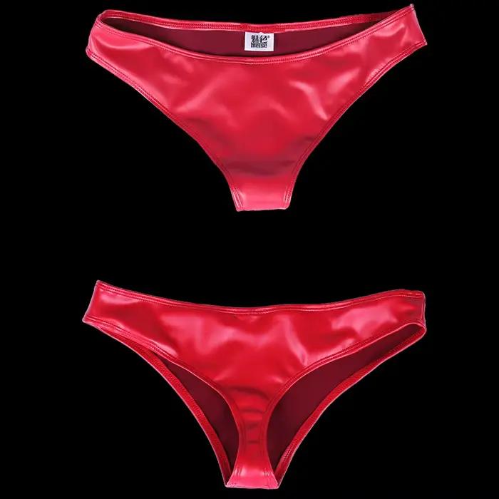 Culotte en cuir à entrejambe en T pour femme, sous-vêtement sexy, grande taille, aspect mouillé, brillant, slip à riz bas, fourche étroite, lingerie amusante