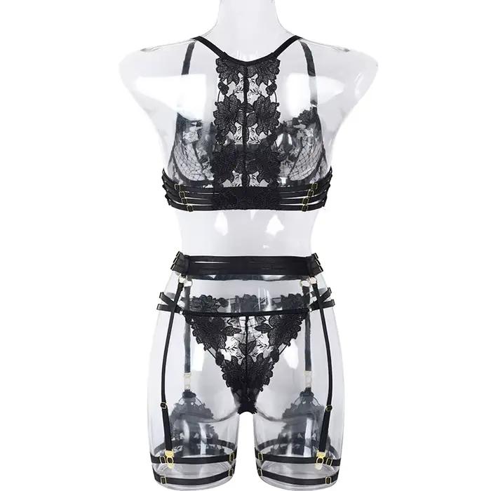Ensemble de Lingerie brodée en dentelle florale pour femmes, soutien-gorge et culotte transparents, sous-vêtements Sexy, intimes, costume porno érotique