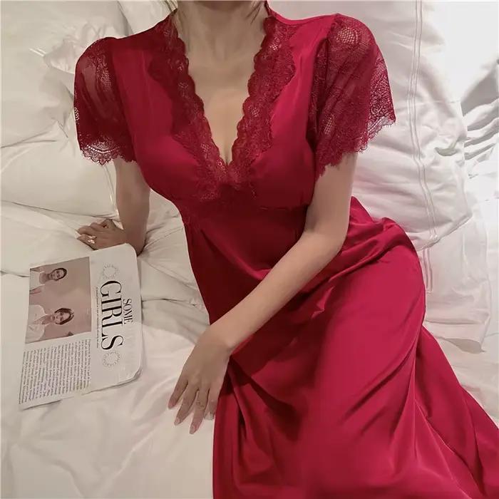 Robe de nuit d'été en Satin pour femmes, vêtements de nuit avec soutiens-gorge, longue chemise de nuit en dentelle, manches courtes, ample, Lingerie intime