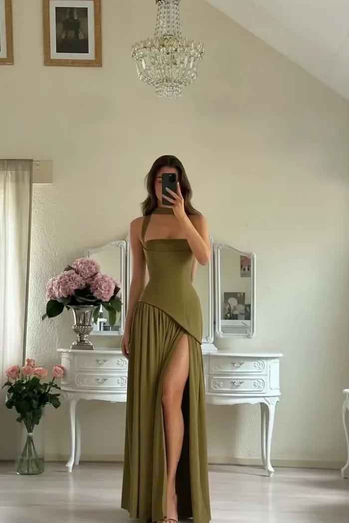 Robe longue corset pour femme avec fente et ruban, pour invitée de mariage, soirée, anniversaire, bal de promo, cocktail, formelle, été 2026, vert et noir