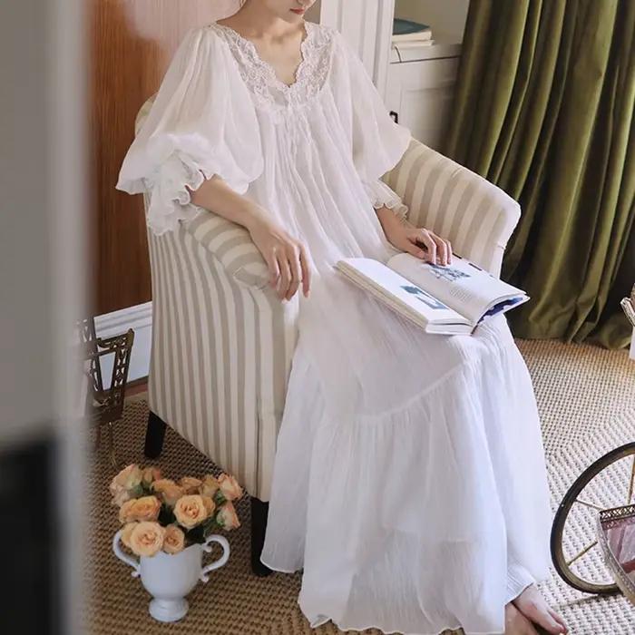 Chemise de nuit en dentelle française sexy à col en V, chemise de nuit blanche, chemise de nuit longue vintage, manches courtes, chemise de nuit en coton, nickel é Scottsdale, été