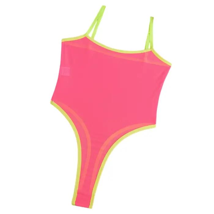 Lingerie sexy pour femme, body en maille transparente rose fluo, amincissant, bretelles spaghetti, lingerie une pièce, combinaison sans manches