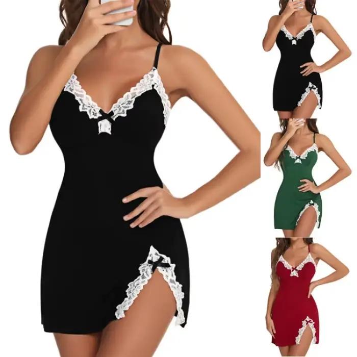 Pyjama Sexy en dentelle pour femmes, nuit d'été, col en v, sous-vêtements de poupée entièrement antidérapants, chemise de nuit