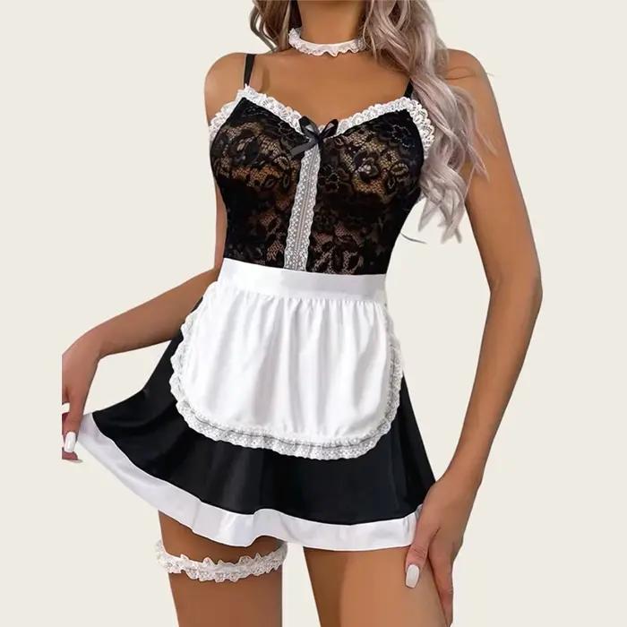 Tenue de demoiselle française pour femmes, Lingerie Sexy, nuisette, uniforme de Cosplay, robe Sexy en dentelle, Costume de jeu de rôle, Lingerie érotique Lenceria