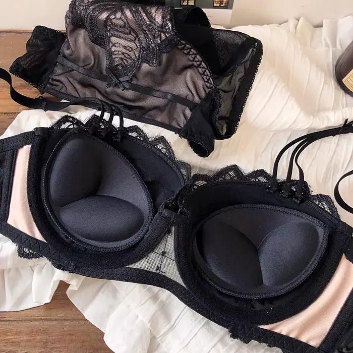 Ensemble de soutien-gorge Push Up en dentelle brodée, demi-tasse, petits seins, épais, coussinet réglable, culotte, sous-vêtements pour fille