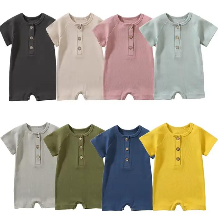 Barboteuse pour bébé garçon, vêtements d'été, pyjama fin pour bébé, combinaison à manches courtes, vêtements côtelés, tricot, tenues extensibles pour filles