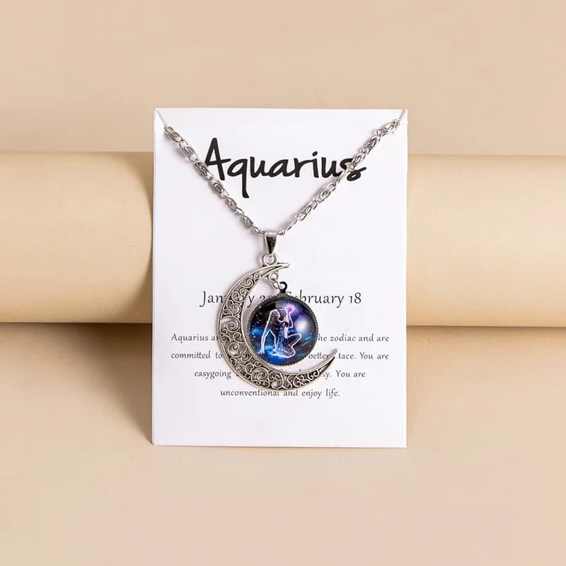 Colliers avec pendentif lune des 12 signes du zodiaque pour filles et femmes, bijoux en verre, cadea
